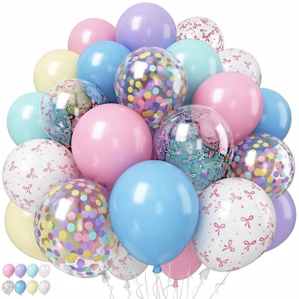 55pc Pastel Bow & Macaron Rainbow Birthday Balloon Kit with Confetti